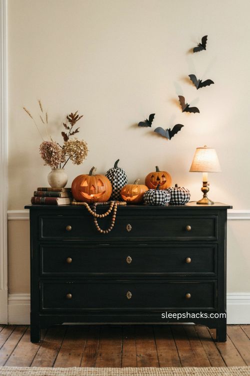 Vintage Halloween entry table with checkered pumpkins jack o lanterns bats and lamp