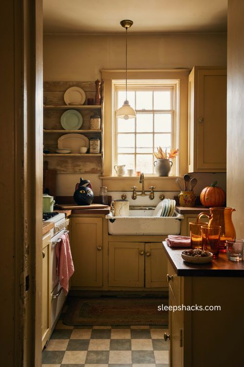 Vintage Halloween kitchen with amber glass black cat cookie jar and nostalgic farmhouse decor 