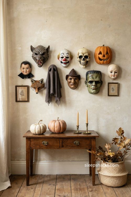 Vintage Halloween mask wall with thrifted masks and nostalgic spooky decor 