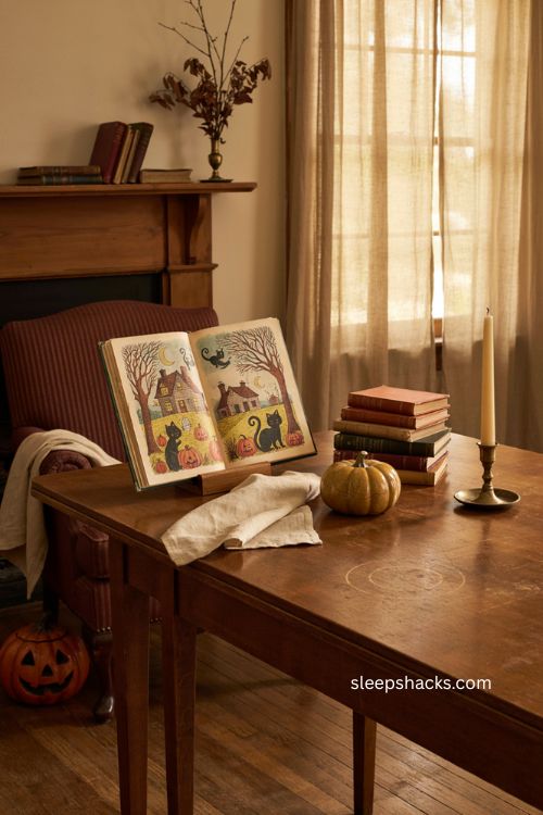 Vintage Halloween picture books stacked on a cozy farmhouse coffee table 