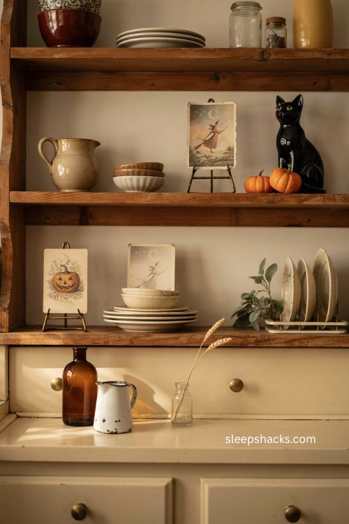 Vintage Halloween postcards on open kitchen shelves with antique farmhouse charm 