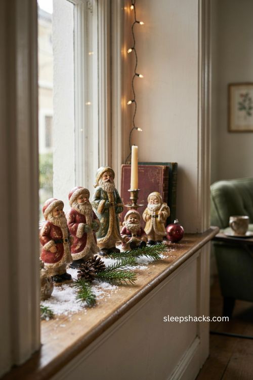 Vintage Santa figurine collection on a nostalgic Christmas shelf with cozy holiday decor 