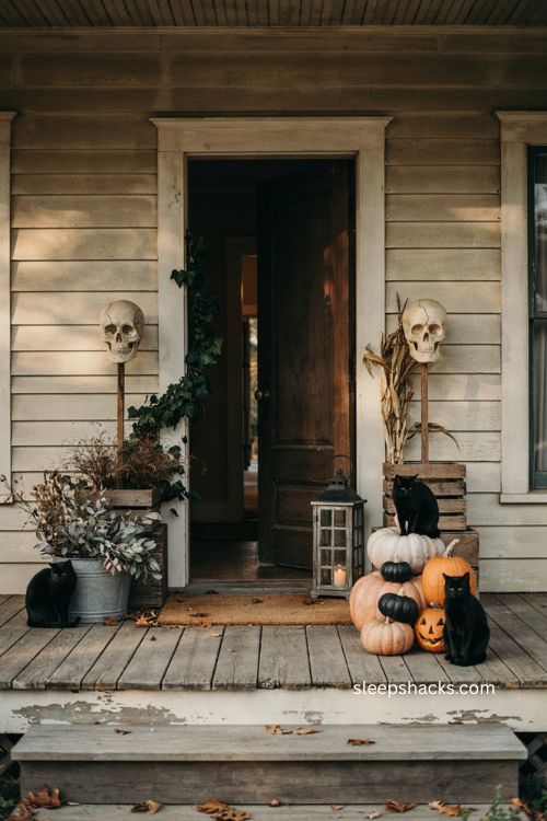 Vintage Southern Gothic porch with witchy cats stacked pumpkins and skull decorations Halloween decor