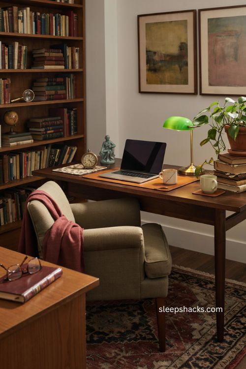 Vintage academia home office setup with books wood desk and themed decor 