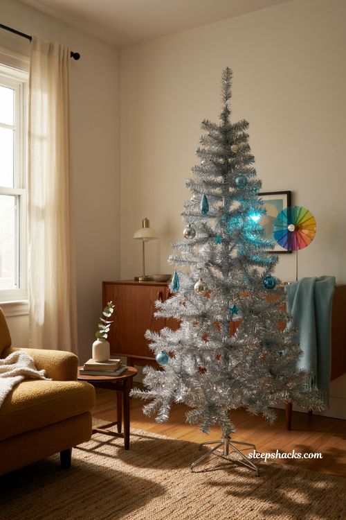 Vintage aluminum Christmas tree with blue and silver decor