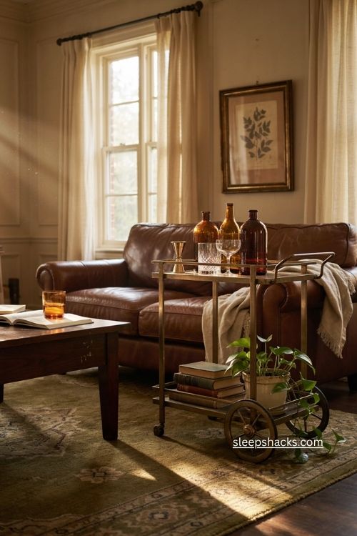 Vintage bar cart with amber glass bottles and cozy living room decor 
