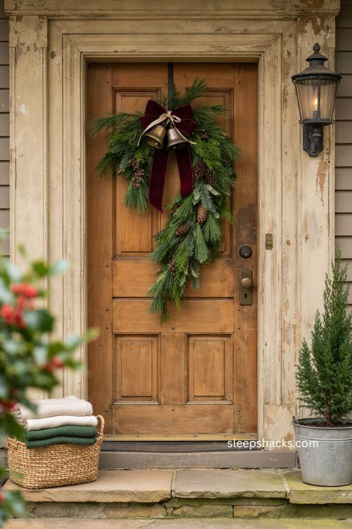Vintage bell Christmas door swag with pine cedar greenery and velvet bow