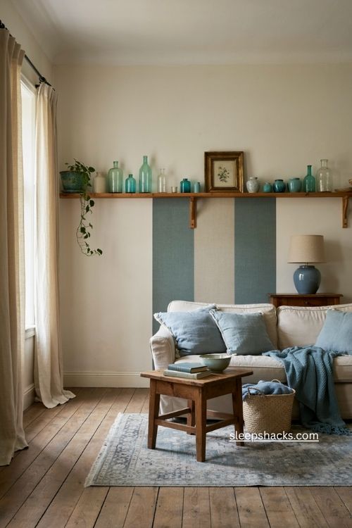 Vintage blue accents living room decor with aqua glass and layered teal details 