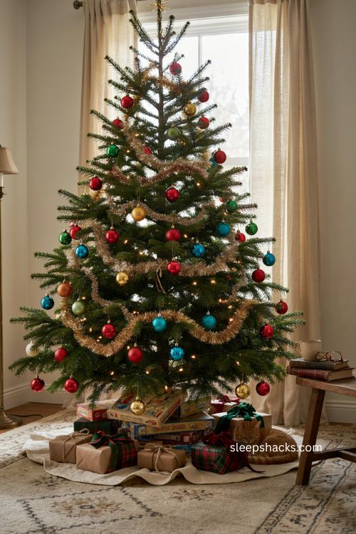 Vintage board games under a colorful Christmas tree 