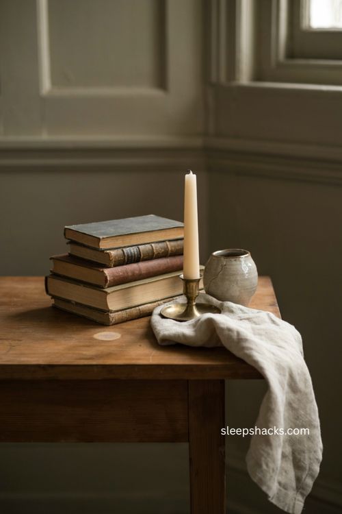 Vintage books with spooky title on side table for minimalist Halloween decor