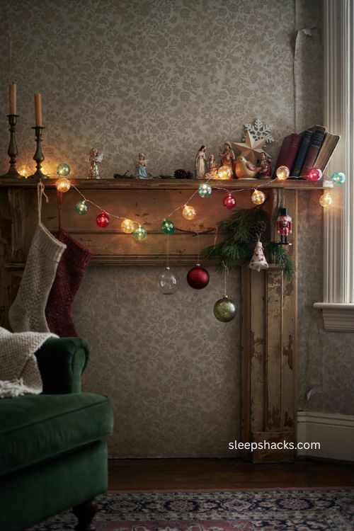 Vintage bubble lights glowing on a nostalgic Christmas mantel with cozy retro holiday decor 