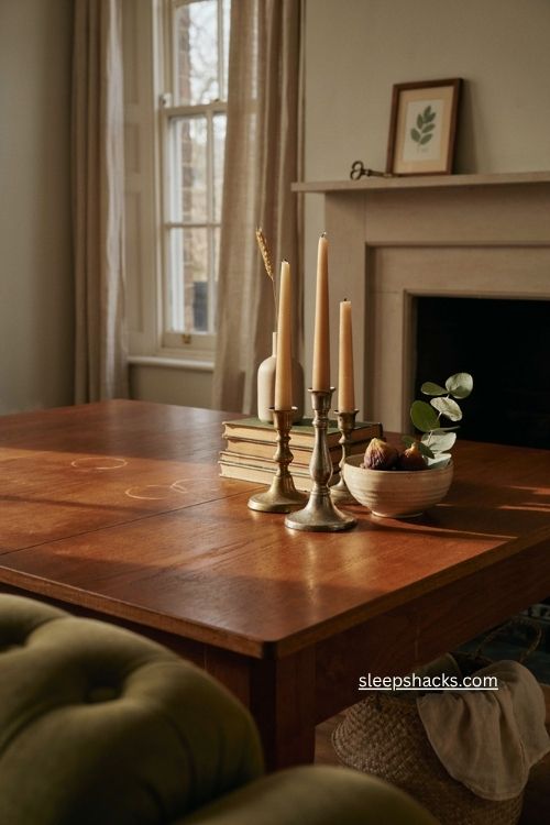 Vintage candlestick holders with patina on a cozy living room coffee table 