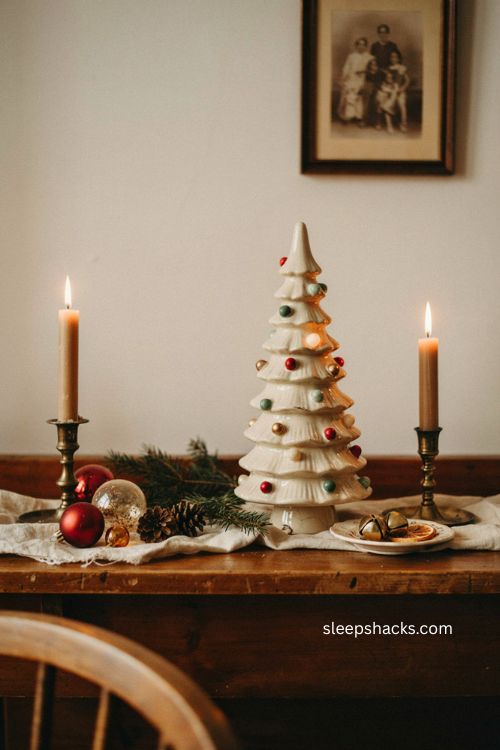 Vintage ceramic christmas tree heirloom glowing on a cozy nostalgic holiday mantel
