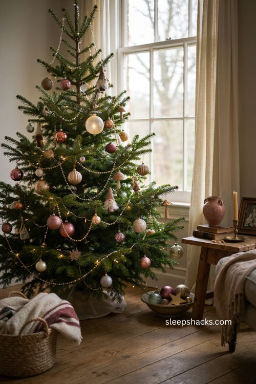 Vintage chic Christmas tree with glass beads tinsel mushrooms gnomes and glass moon