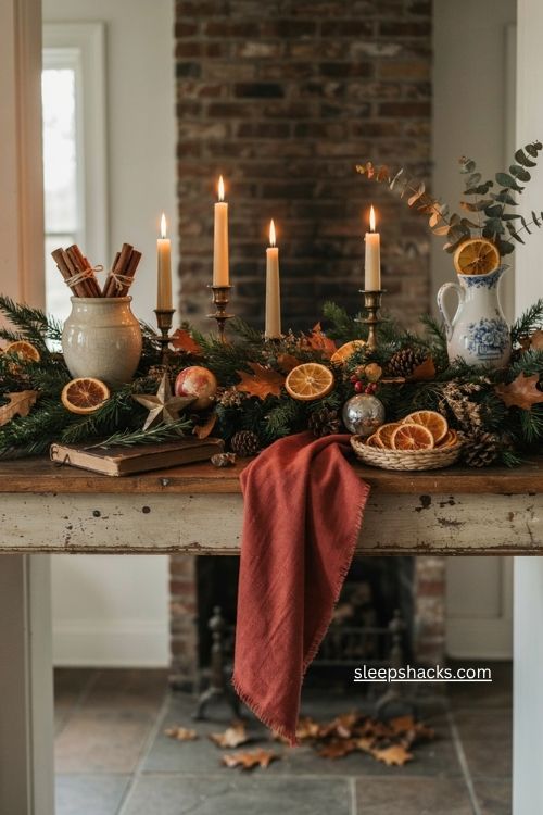 Vintage christmas garland with dried oranges leaves and cinnamon sticks 