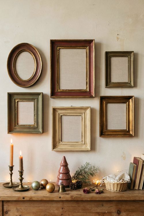 Vintage christmas postcard wall art with antique frames and nostalgic decor