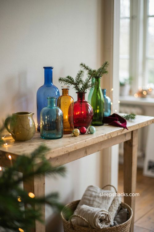 Vintage colorful Christmas decor with colorful glass bottles on a console table