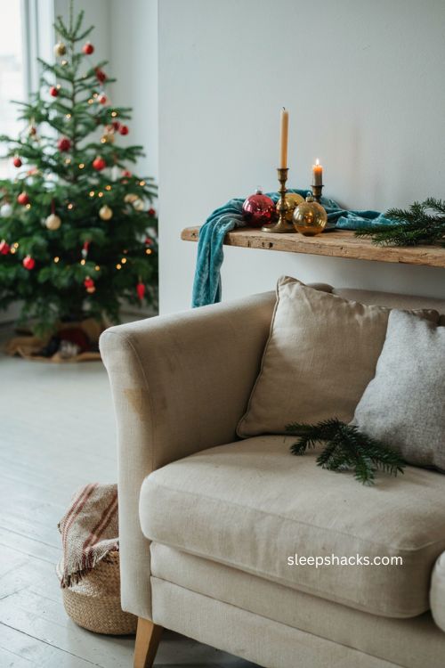 Vintage colorful Christmas decor with turquoise velvet ribbon behind the sofa