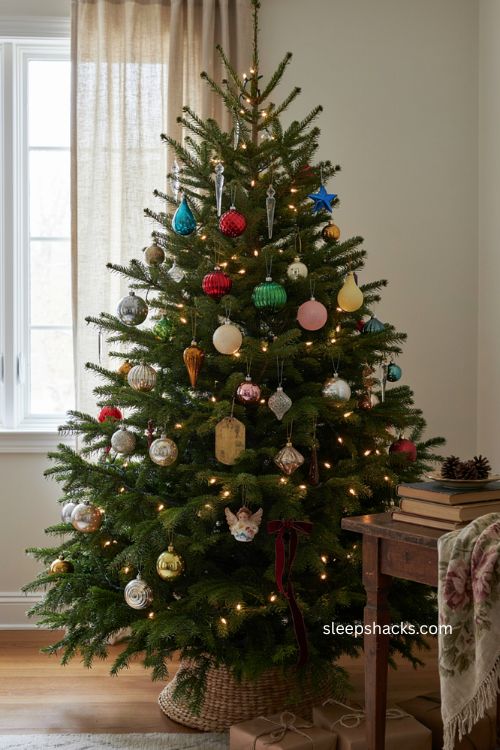 Vintage colorful Christmas tree with mismatched glass ornaments and retro holiday charm