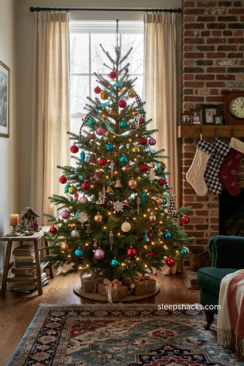 Vintage colorful Christmas tree with mismatched glass ornaments and turquoise ribbon