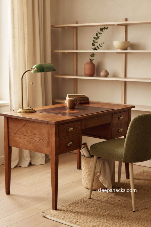 Vintage desk with worn character in a collected home office 