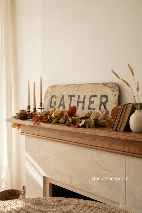 Vintage fall mantle with weathered sign and leaf garland decor 