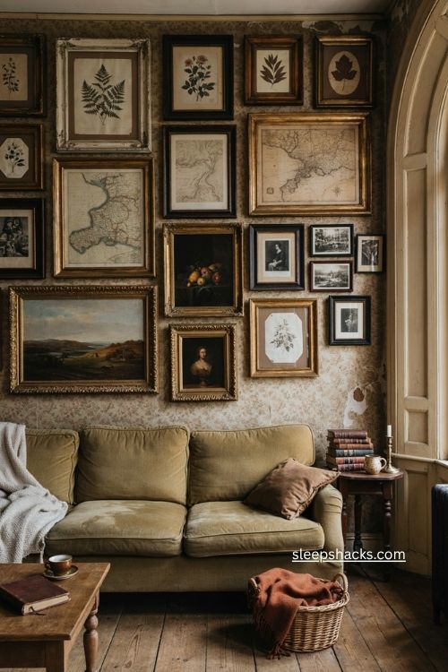 Vintage gallery wall with antique frames and classic artwork in a cozy living room 