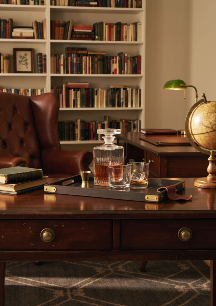 Vintage glass decanter and brass bar tray on a walnut credenza in a mens home office 
