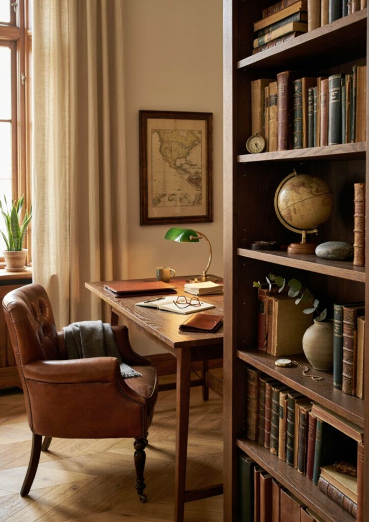 Vintage globe on dark wood shelving in a traditional mens home office