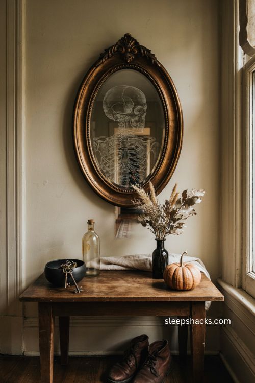 Vintage gothic skeleton wall mirror with glowing oval frame and cozy Halloween entryway decor