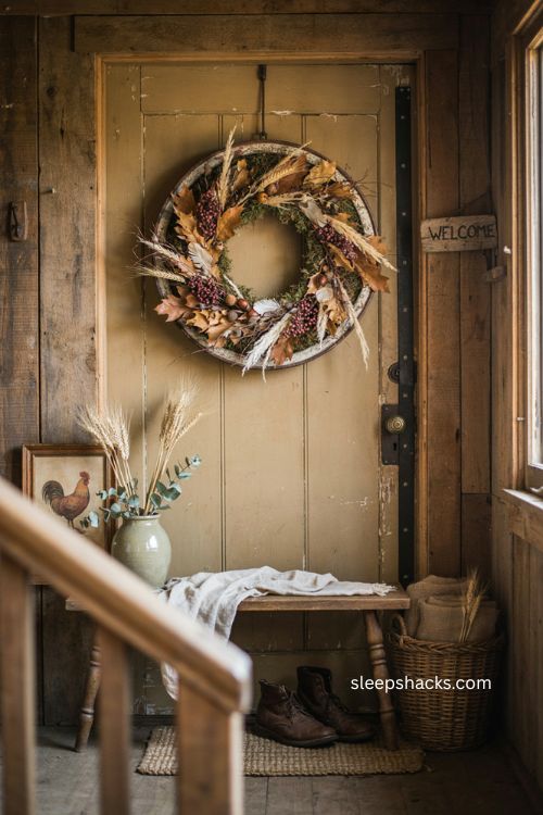 Vintage grain sifter fall thanksgiving wreath with moss leaves feathers wheat and acorns 