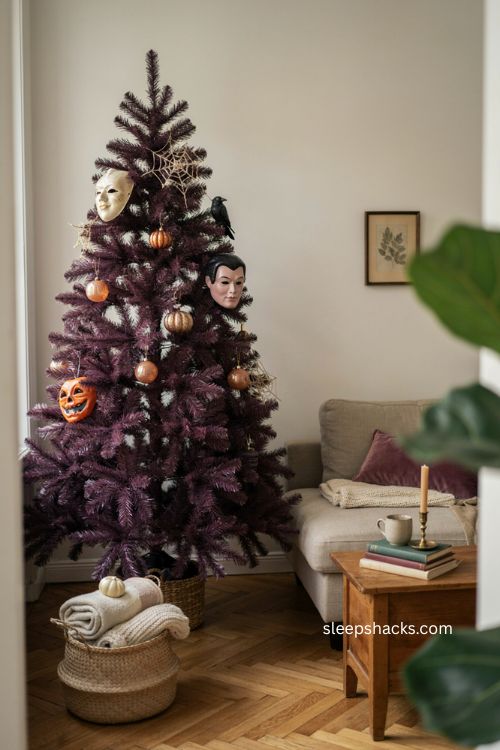 Vintage halloween masks hanging as ornaments on a purple tree with nostalgic decor 
