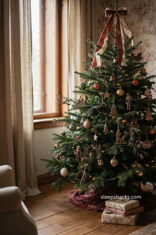 Vintage inspired Christmas tree bow topper with aged ribbon and antique ornaments 