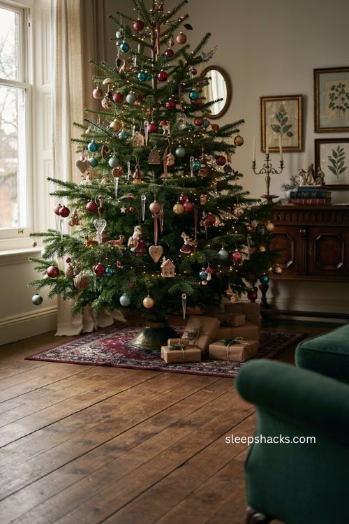 Vintage inspired Christmas tree with antique glass baubles tiny houses woodland ornaments and faded metals 
