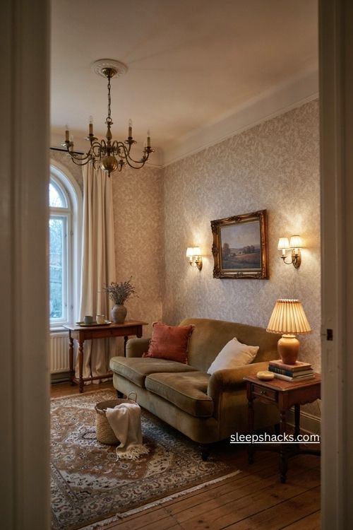 Vintage inspired living room lighting with brass chandelier and wall sconces 