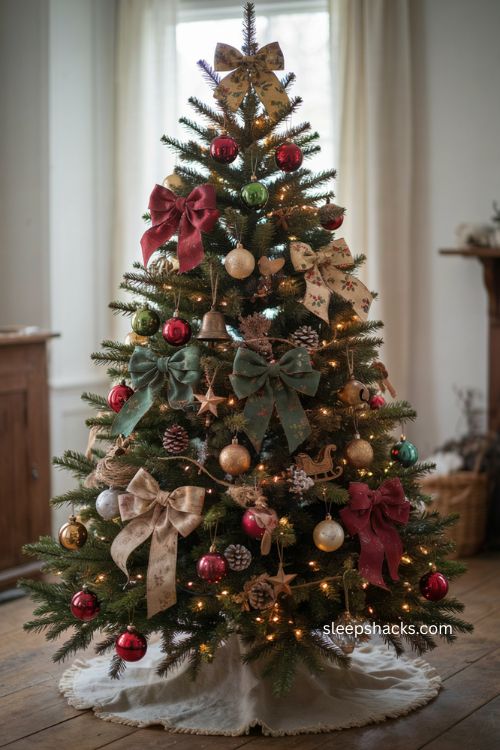 Vintage inspired ribbon bows on a nostalgic Christmas tree with classic ornaments 