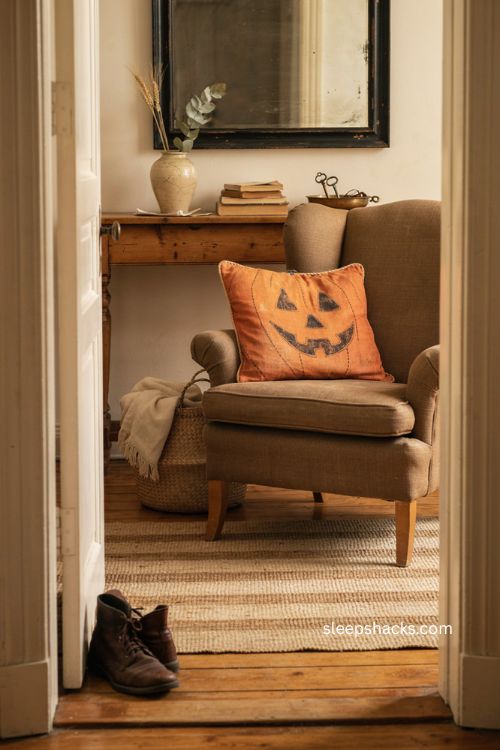 Vintage jack o lantern pillow for farmhouse Halloween entryway decor
