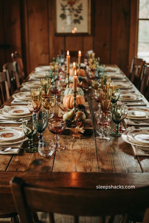 Vintage jewel toned glassware in amber green and blue for thanksgiving tablescape 