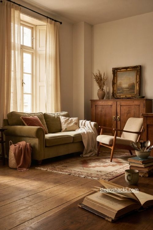Vintage living room decor with antique furniture and cozy collected character 