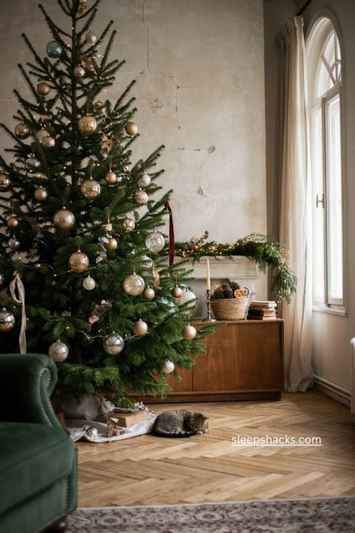 Vintage mercury glass christmas ornaments on an elegant timeless holiday tree 
