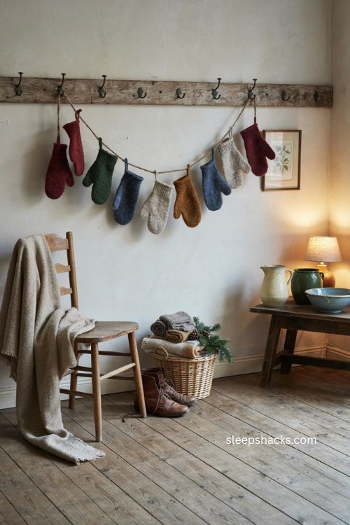 Vintage mitten garland Christmas decor with cozy cottage winter charm