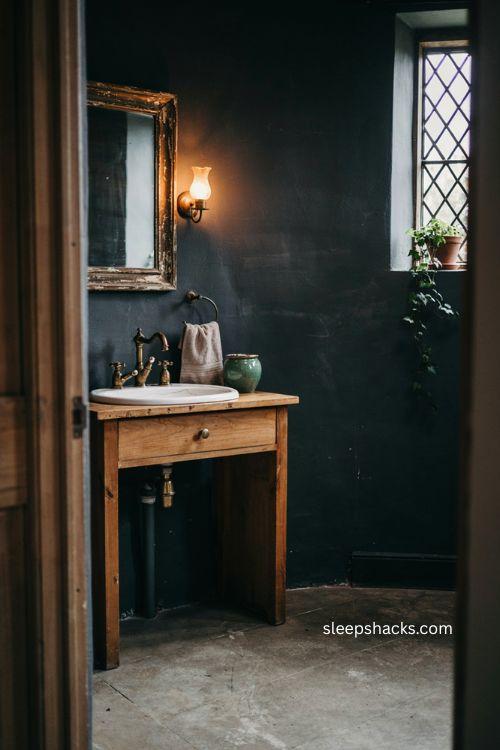 Vintage moody bathroom with antique mirror old world sconces reclaimed hardware and dark walls 