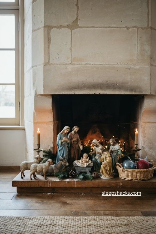 Vintage nativity set with hand painted figures and meaningful christmas mantel decor 