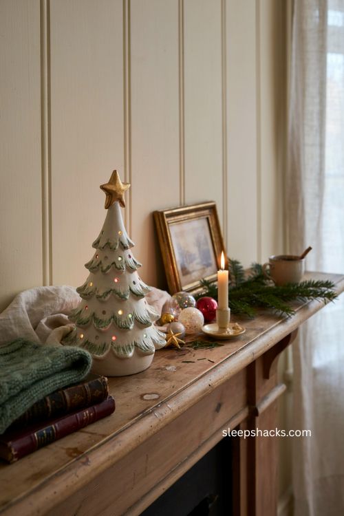 Vintage painted ceramic christmas tree with colored lights and gold star topper