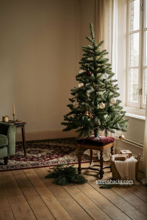Vintage piano stool Christmas tree stand with slim faux tree eclectic holiday decor and aged wood 