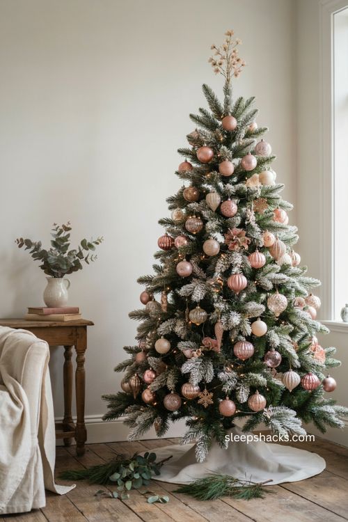 Vintage pink and gold frosted Christmas tree with heirloom ornaments