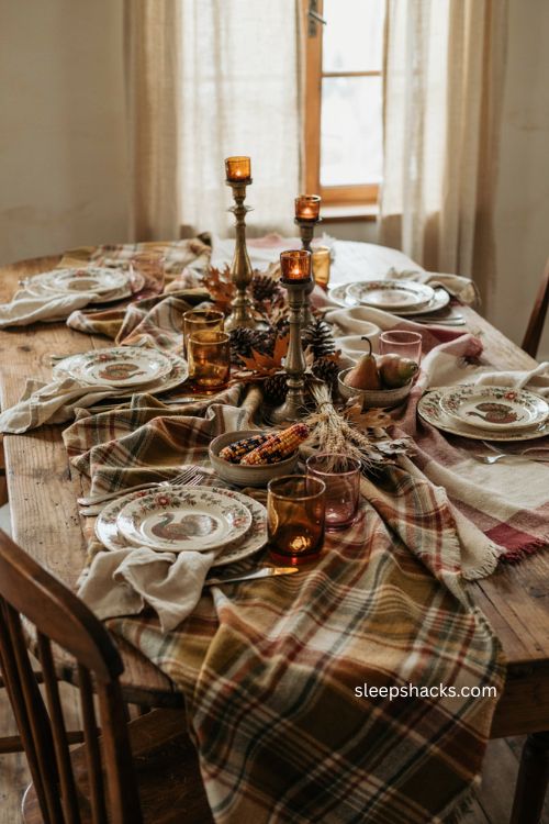 Vintage plaid throw blanket tablecloth for a cozy thanksgiving tablescape
