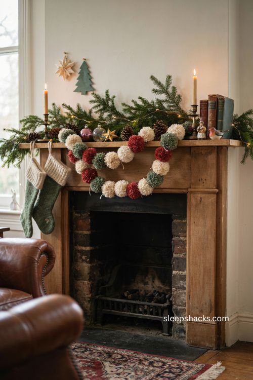 Vintage pom pom garland draped across a cozy Christmas mantel with handmade nostalgic holiday decor 