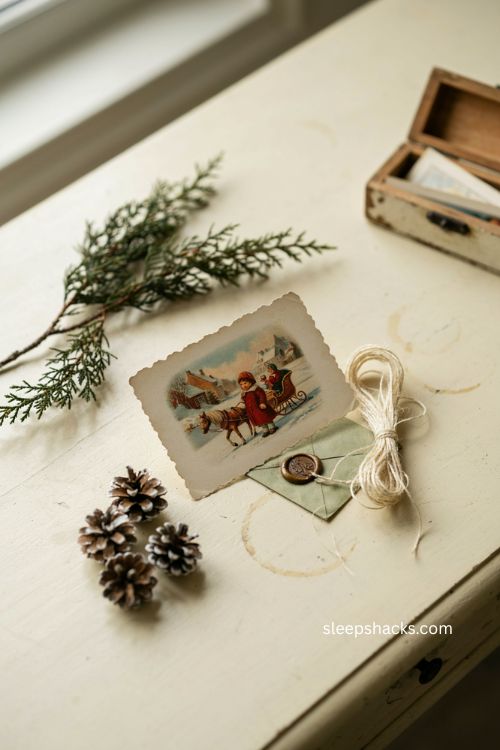 Vintage postage stamp Christmas card with retro sleigh and aged paper 