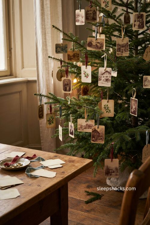 Vintage postcard ornaments with aged paper cardstock backing ribbon and nostalgic christmas tree decor 